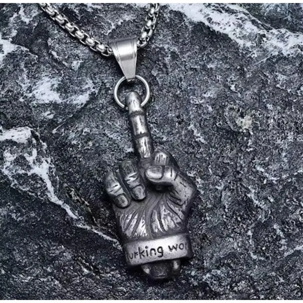 Metal Skull Middle Finger Necklace 60cm Chain Punk Rock Statement Jewelry